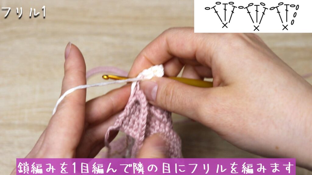 鎖編みを1目編んで隣の目にフリルを編みます。