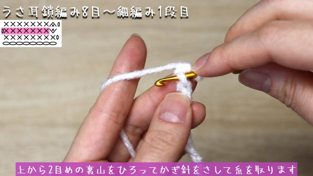 上から2目めの裏山をひろってかぎ針をさして糸を取ります
