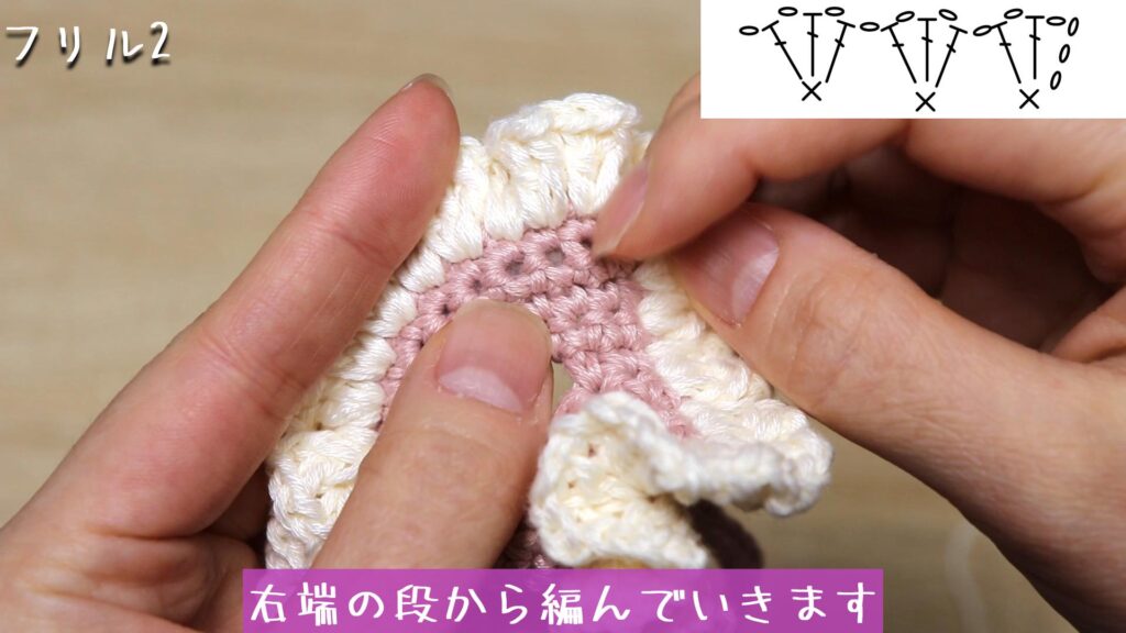 右端の段から編んでいきます