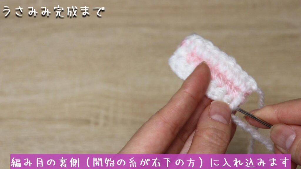 開始の糸を閉じ針に通して、編み目の裏側（開始の糸が右下の方）に入れ込みます。