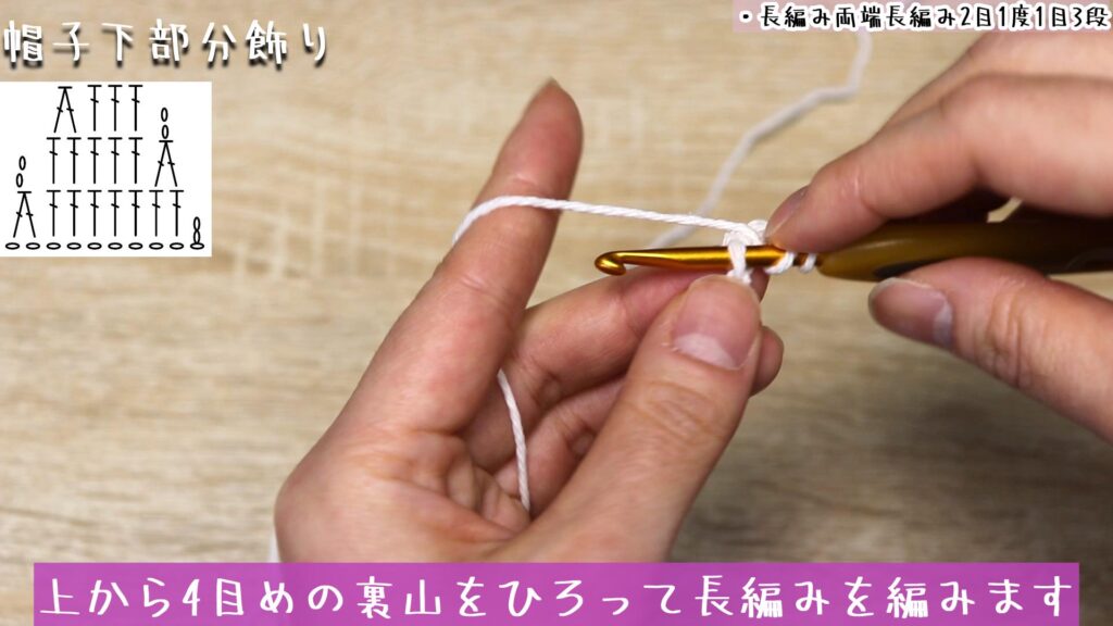 上から4目めの裏山をひろって長編みを編みます