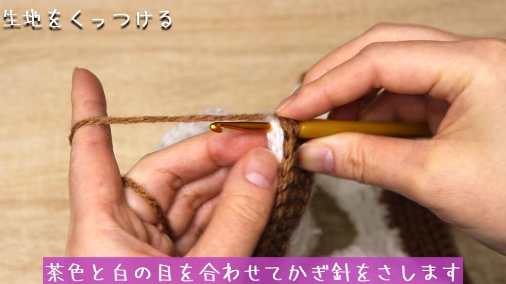茶色と白の目を合わせてかぎ針をさします