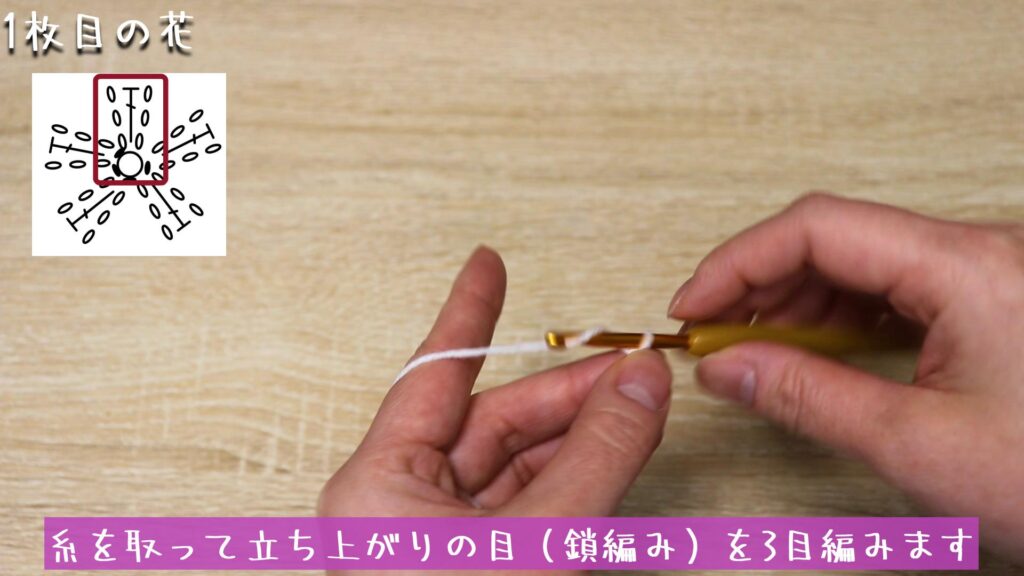糸を取って立ち上がりの目(鎖編み)を3目編みます。