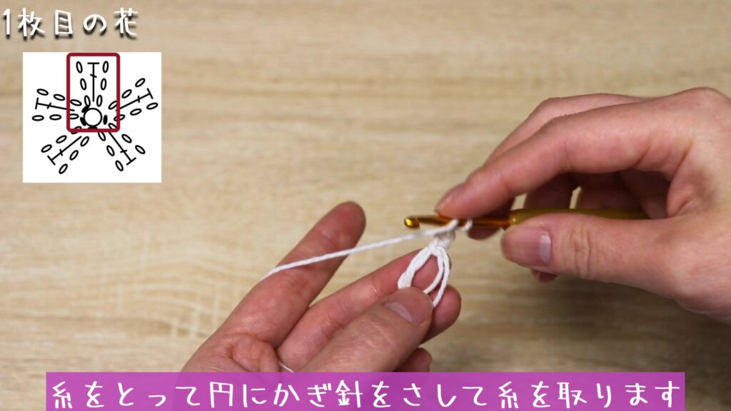 糸をとって円にかぎ針をさして糸を取ります