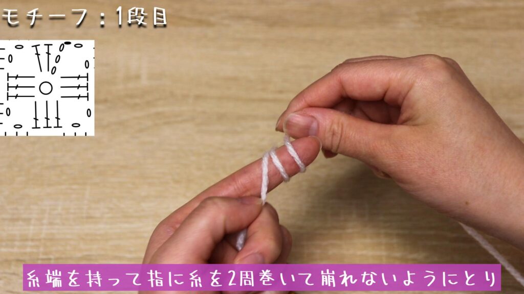 糸端を持って指に糸を2周巻いて崩れないようにとり