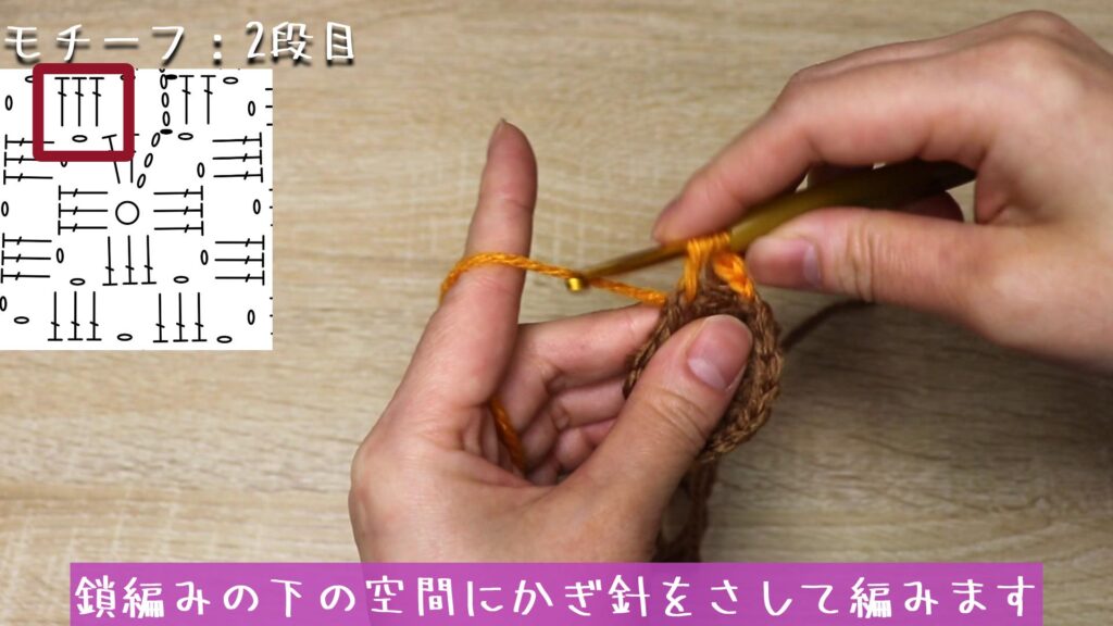 鎖編みの下の空間にかぎ針をさして編みます