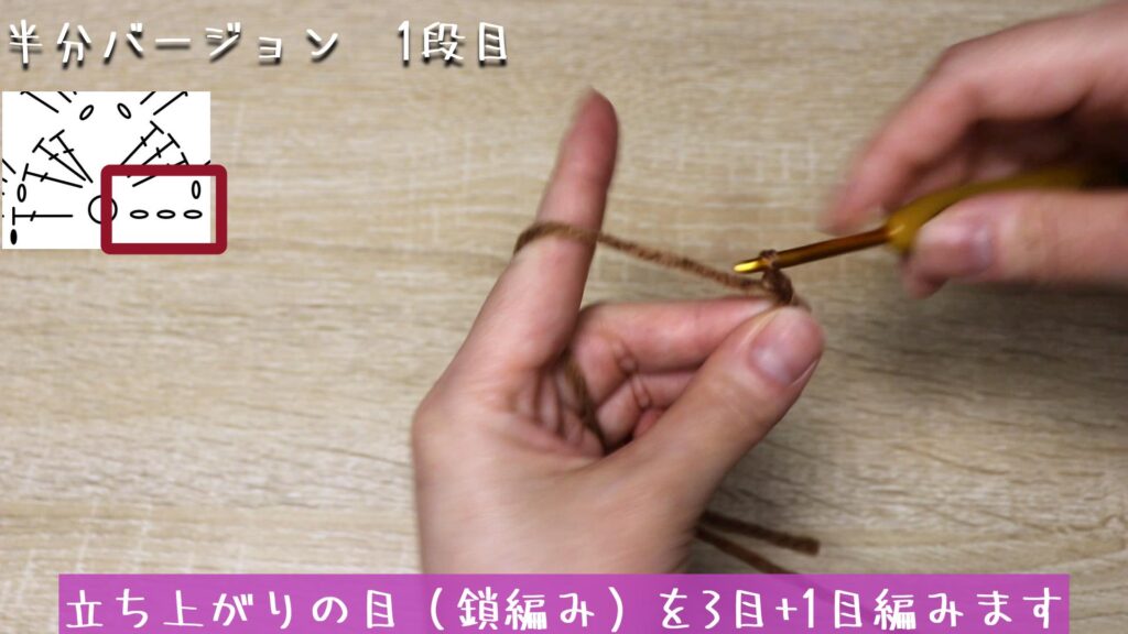 立ち上がりの目（鎖編み）を3目+1目編みます