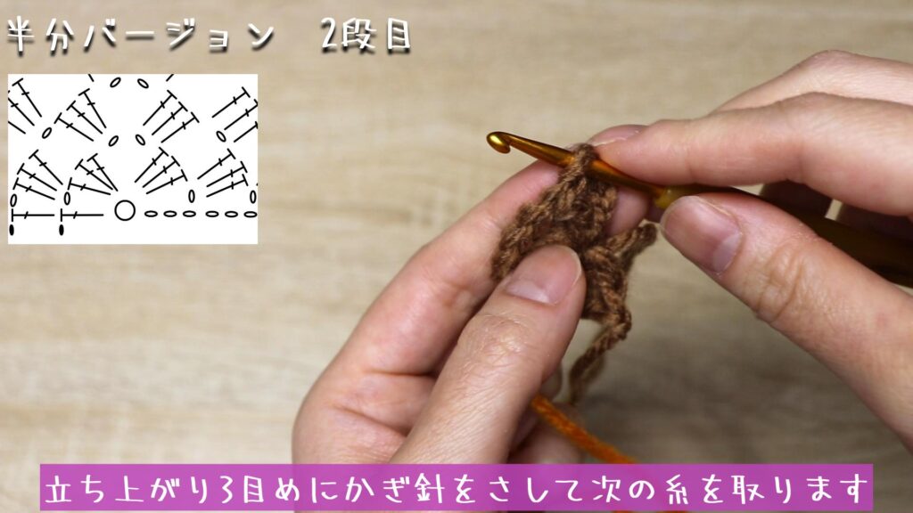 立ち上がり3目めにかぎ針をさして次の糸を取ります