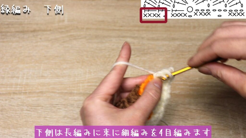 下側は長編みに束に細編みを4目編みます
