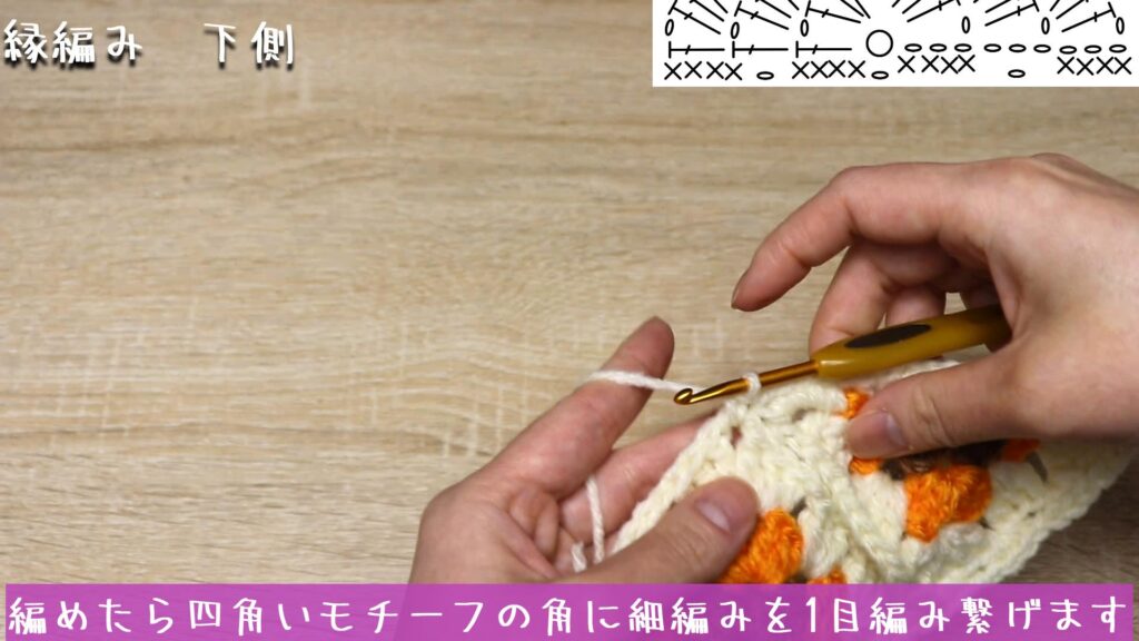 編めたら四角いモチーフの角に細編みを1目編み繋げます