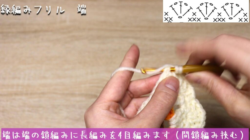 端は端の鎖編みに長編みを4目編みます（間鎖編み挟む）