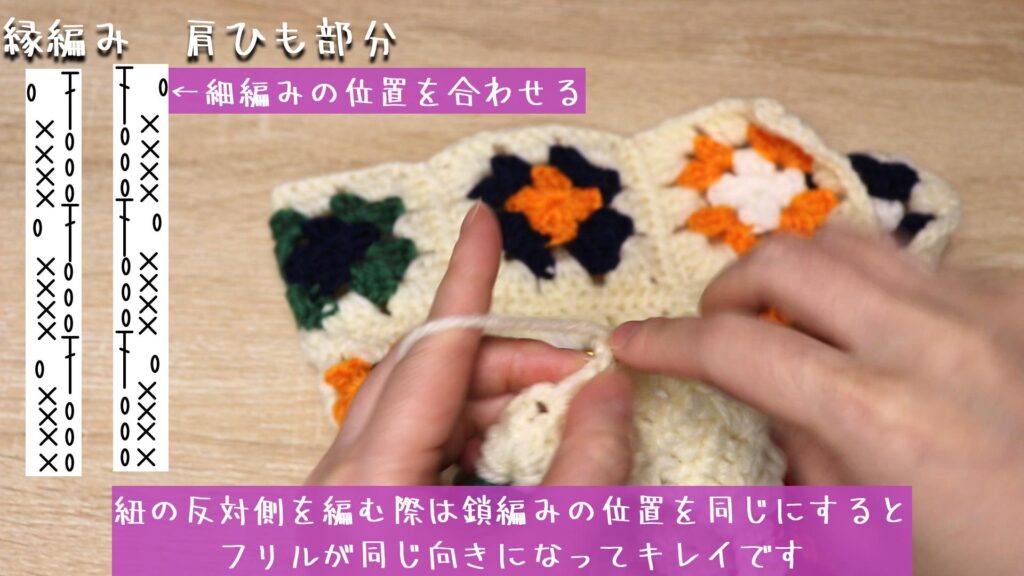 紐の反対側を編む際は鎖編みの位置を同じにすると
フリルが同じ向きになってキレイです
