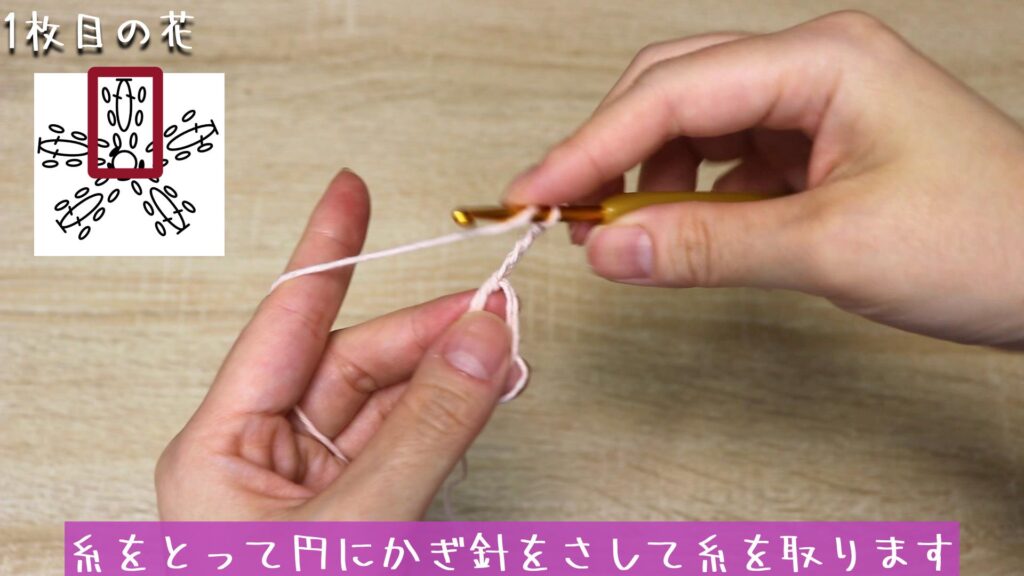 糸をとって円にかぎ針をさして糸を取ります