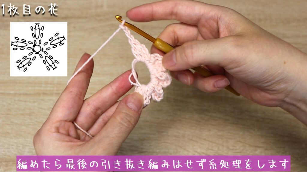 編めたら最後の引き抜き編みはせず糸処理をします