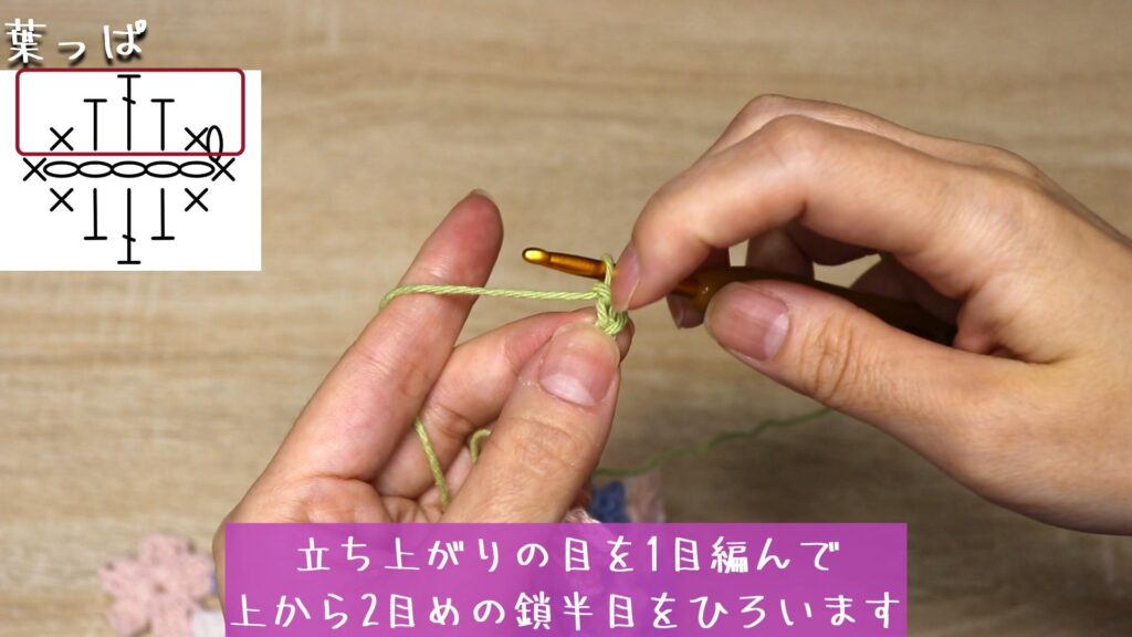 立ち上がりの目を1目編んで
上から2目めの鎖半目をひろいます