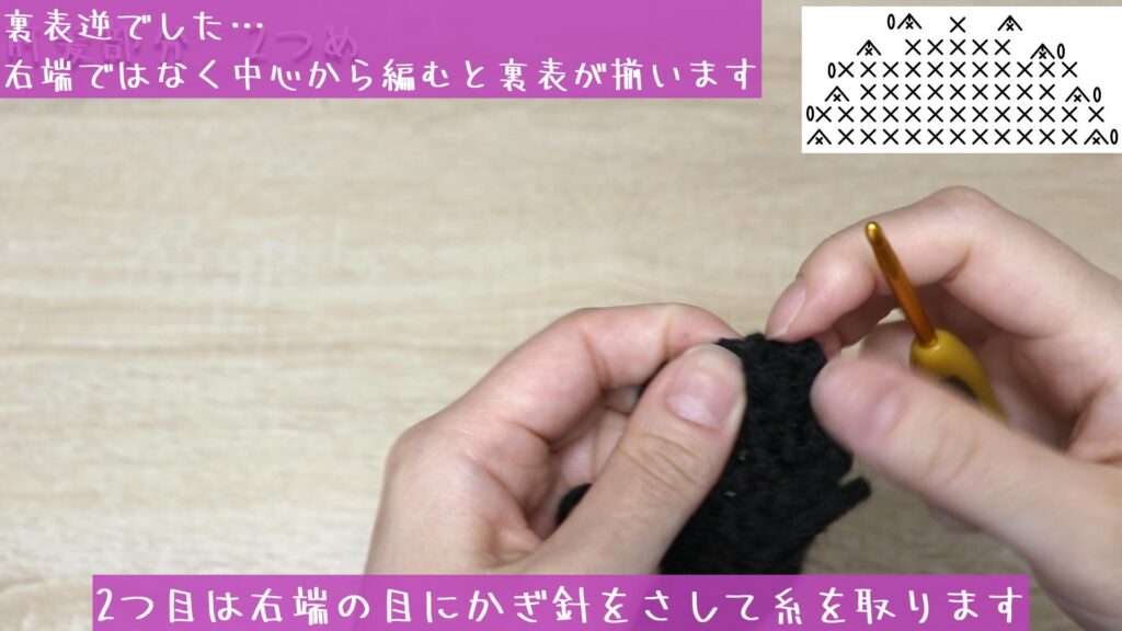 2つ目は右端の目にかぎ針をさして糸を取ります
