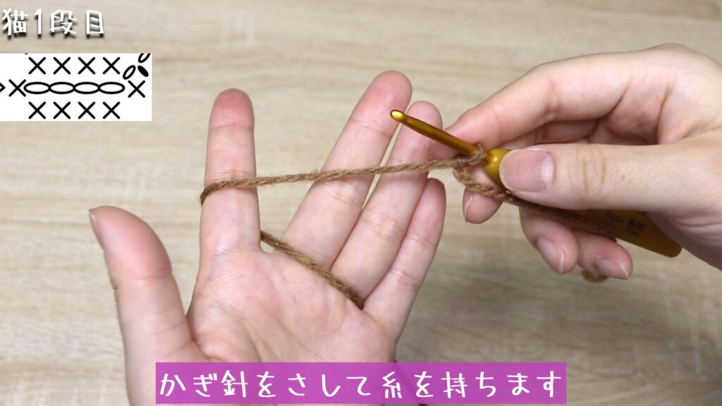 かぎ針をさして糸を持ちます