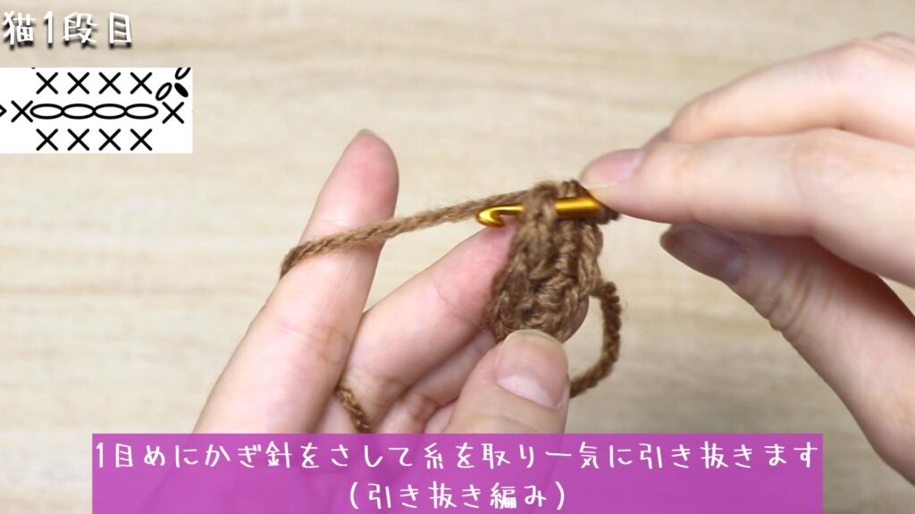 1目めにかぎ針をさして糸を取り一気に引き抜きます
（引き抜き編み）