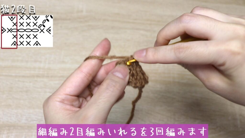 細編み2目編みいれるを3回編みます