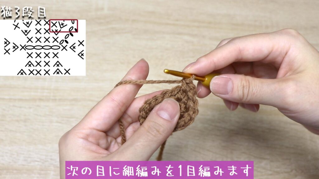 次の目に細編みを1目編みます。
