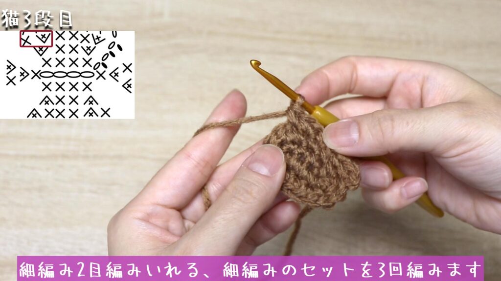 細編み2目編みいれる、細編みのセットを3回編みます