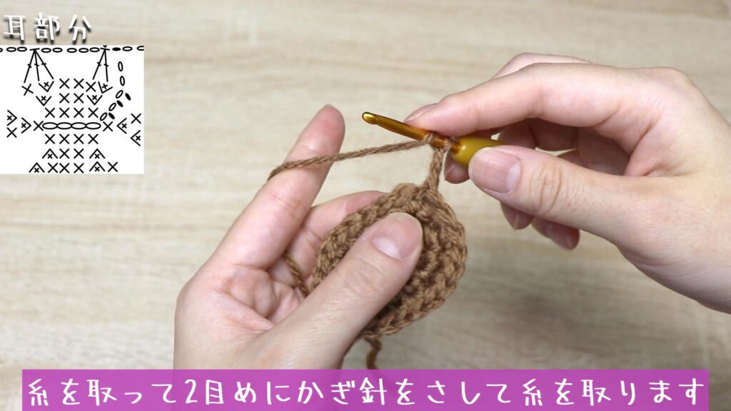糸を取って2目めにかぎ針をさして糸を取ります