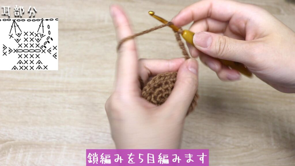鎖編みを5目編みます。