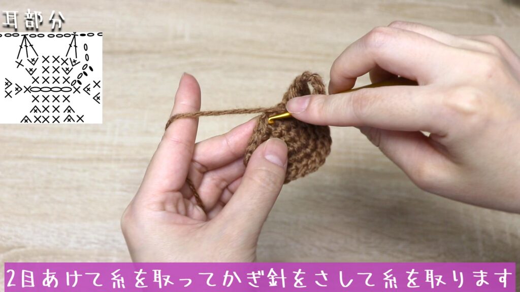2目あけて糸を取ってかぎ針をさして糸を取ります