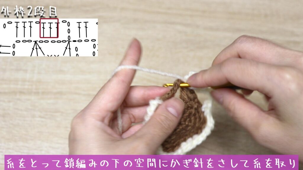 糸をとって鎖編みの下の空間にかぎ針をさして糸を取ります