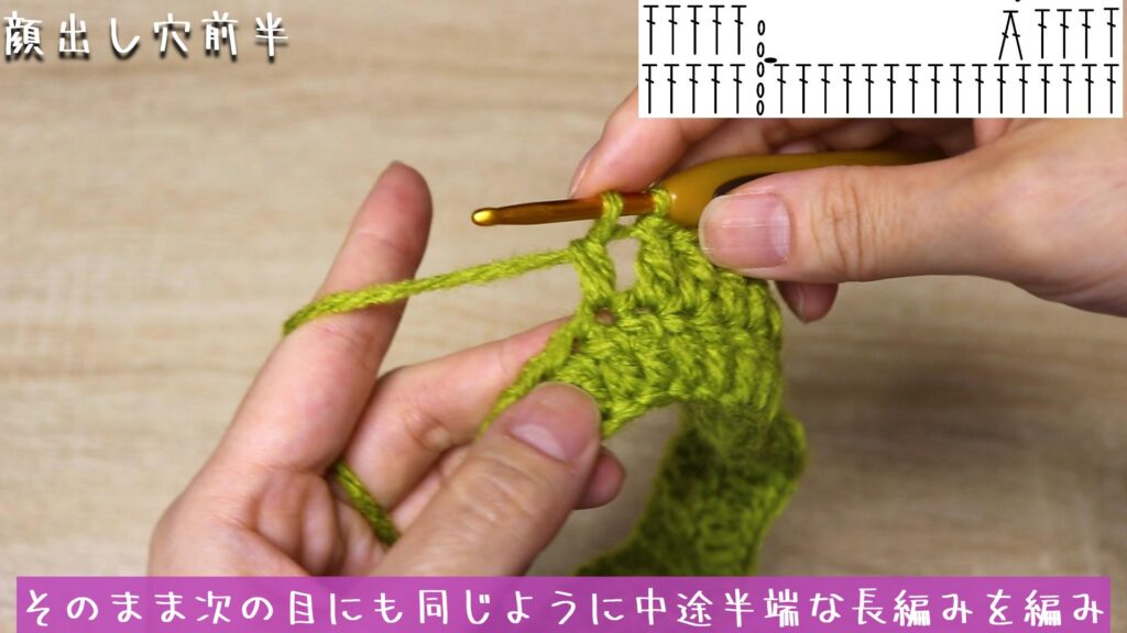 そのまま次の目にも同じように中途半端な長編みを編み