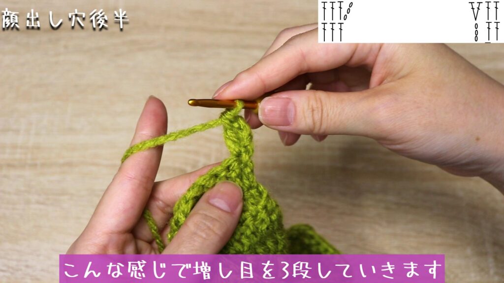 1目めに再度長編みを編みます(長編み2目編みいれる)