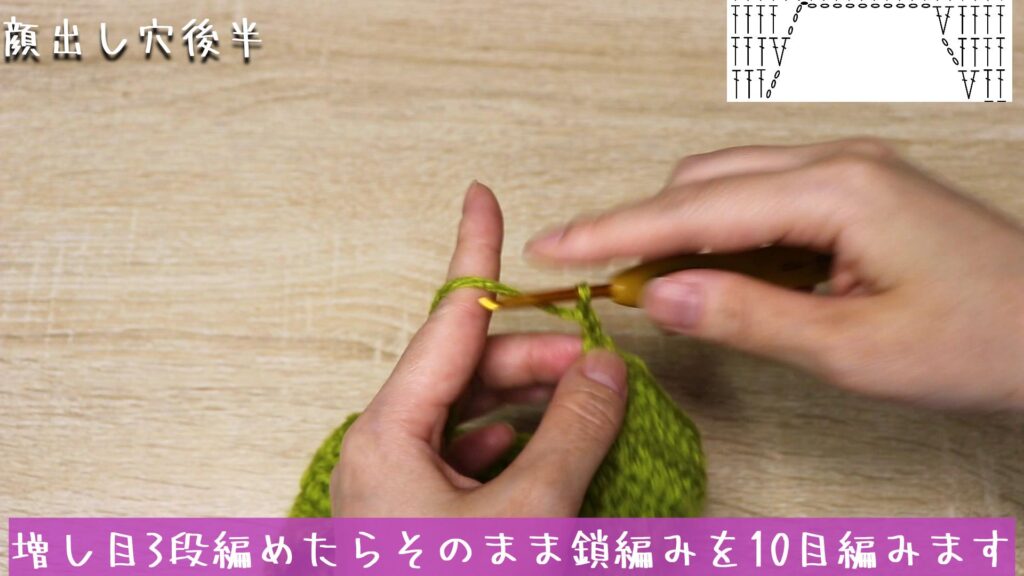 増し目3段編めたらそのまま鎖編みを10目編みます