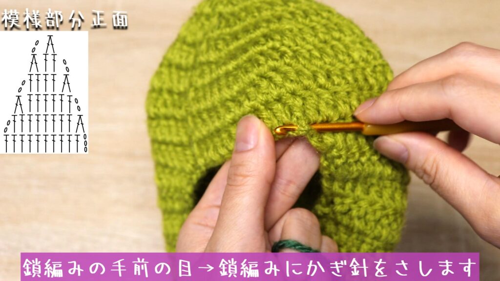 鎖編みの手前の目→鎖編みにかぎ針をさします