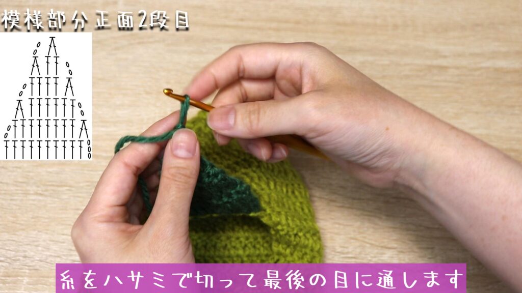 糸をハサミで切って最後の目に通します