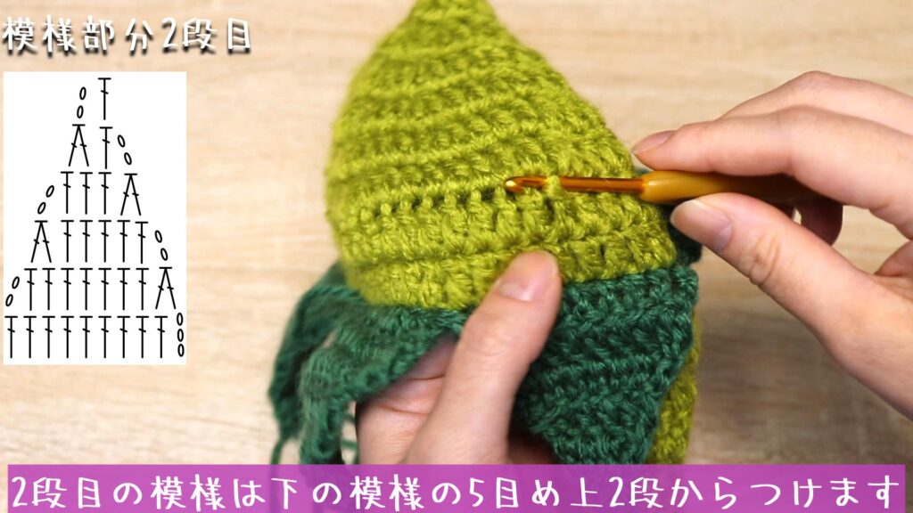 2段目の模様は下の模様の5目め上2段からつけます