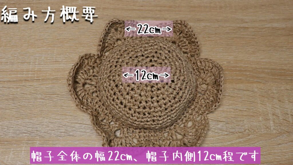 帽子全体の幅22cm、帽子内側12cm程です