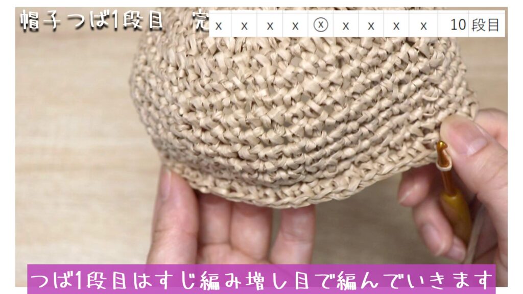 つば1段目はすじ編み増し目で編んでいきます