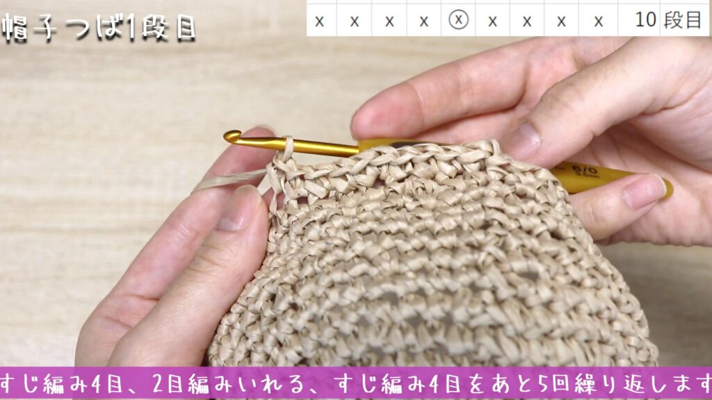 すじ編み4目、2目編みいれる、すじ編み4目をあと5回繰り返します