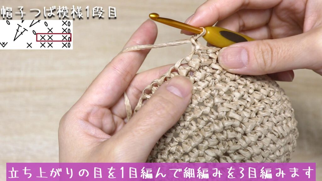 立ち上がりの目を1目編んで細編みを3目編みます