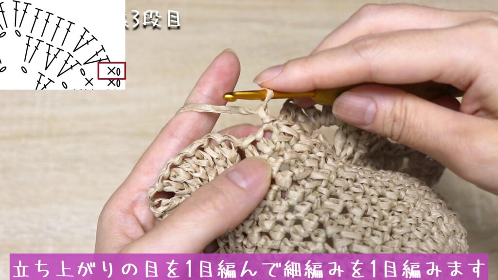 立ち上がりの目を1目編んで細編みを1目編みます。