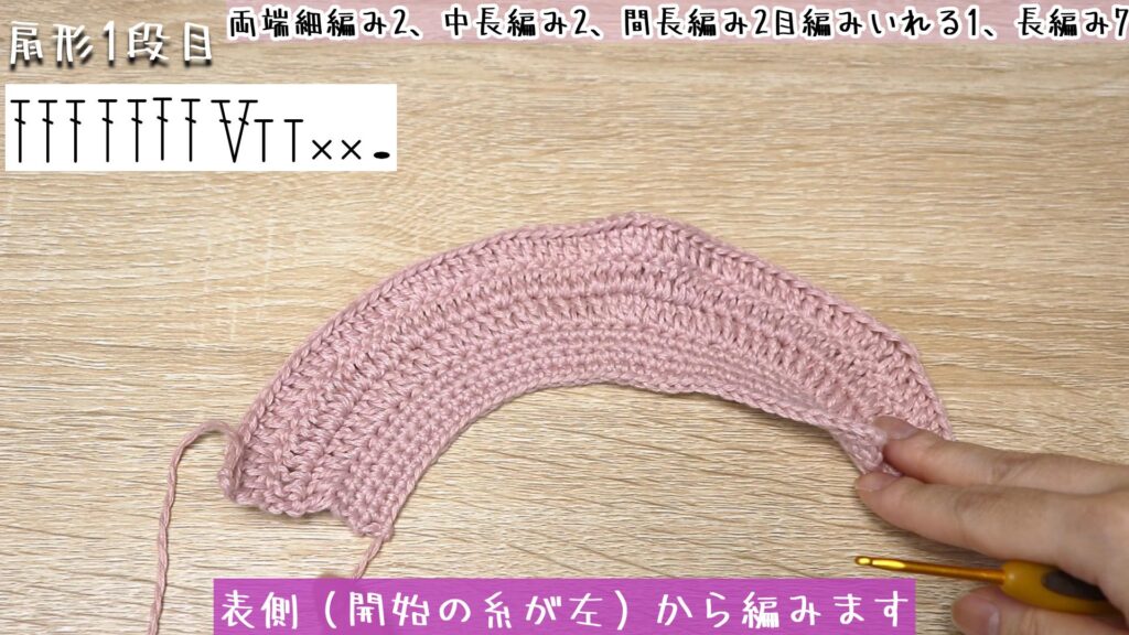 表側(開始の糸が左)から編みます