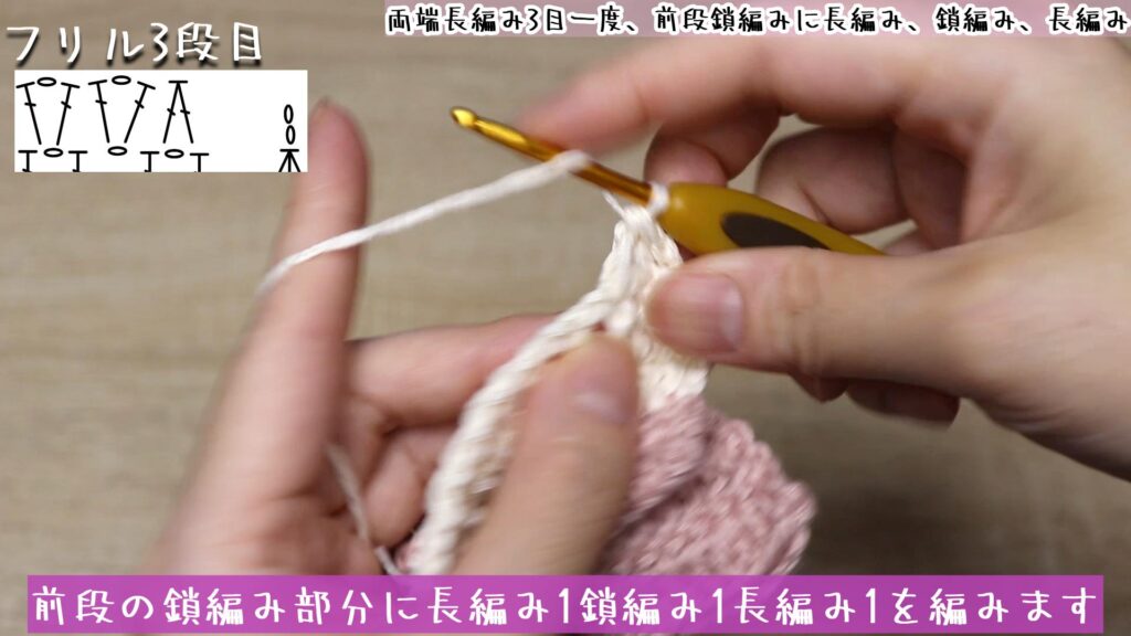 前段の鎖編み部分に長編み1鎖編み1長編み1を編みます。