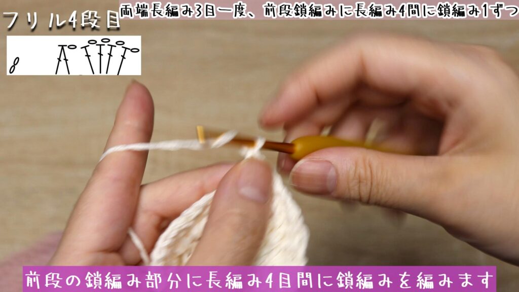 前段の鎖編み部分に長編み4目間に鎖編みを編みます