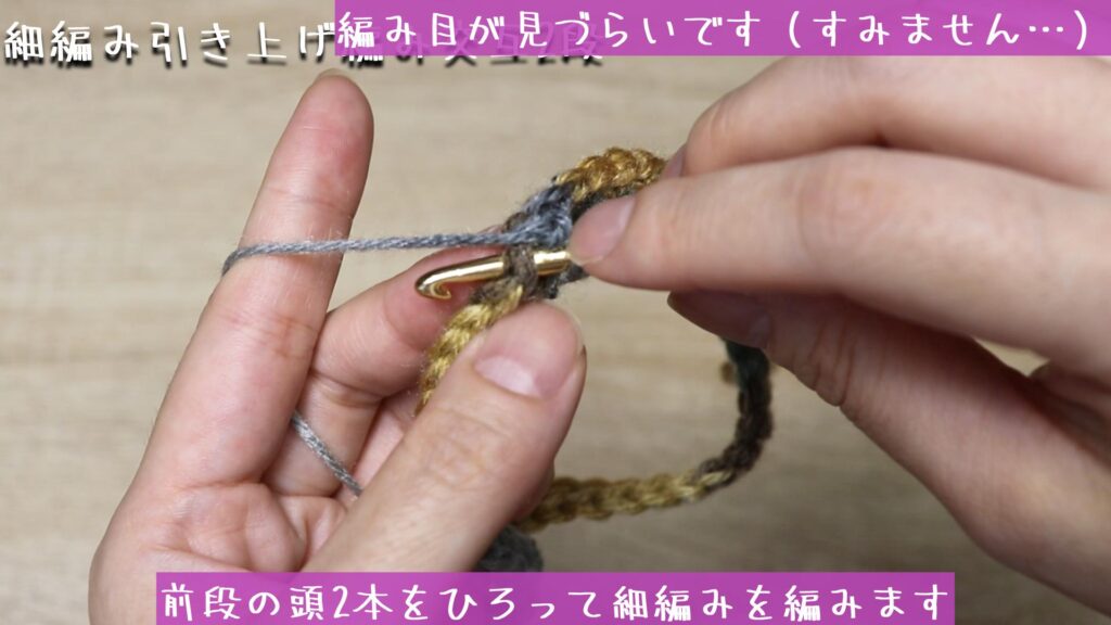 前段の頭2本をひろって細編みを編みます