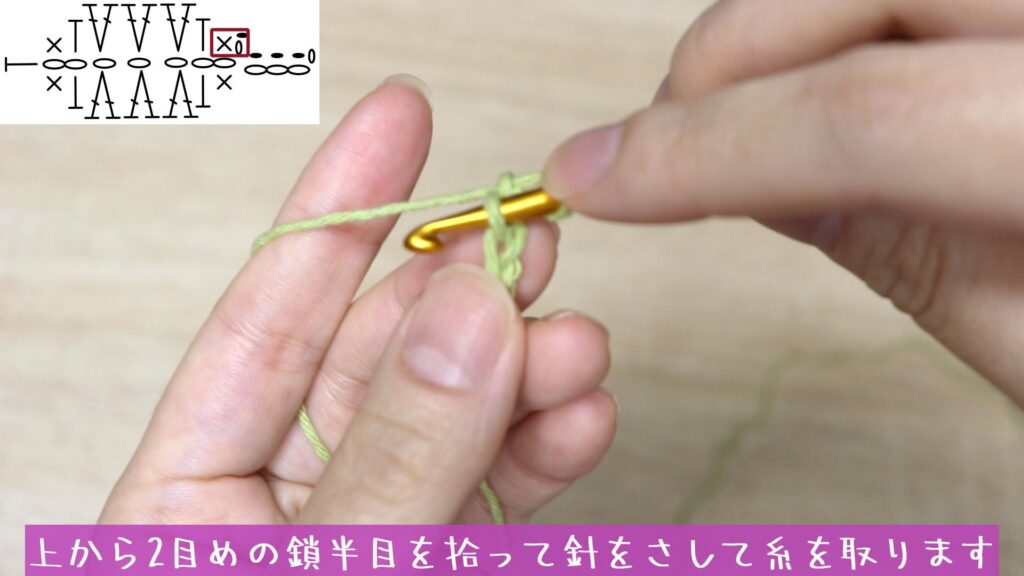 上から2目めの鎖半目を拾って針をさして糸を取ります
