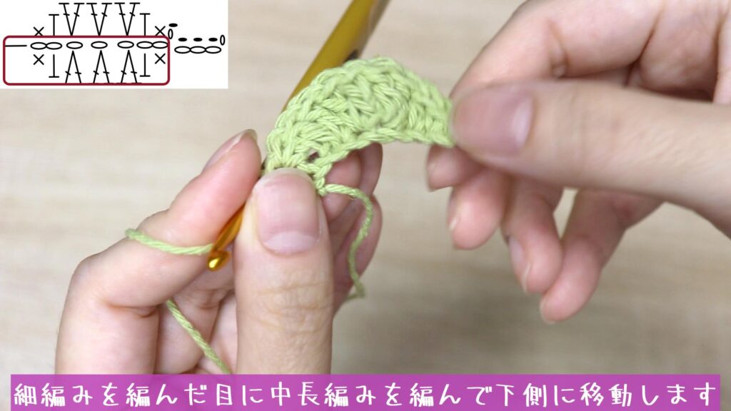 細編みを編んだ目に中長編みを編んで下側に移動します